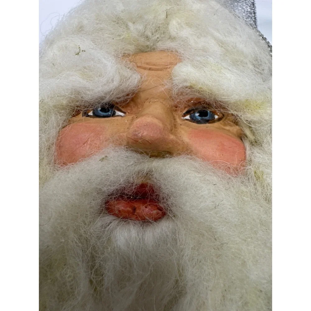 Vintage Santa Claus Head Ornaments‎ Pair Silver Glitter Disco Ball Faux Fur 2pc